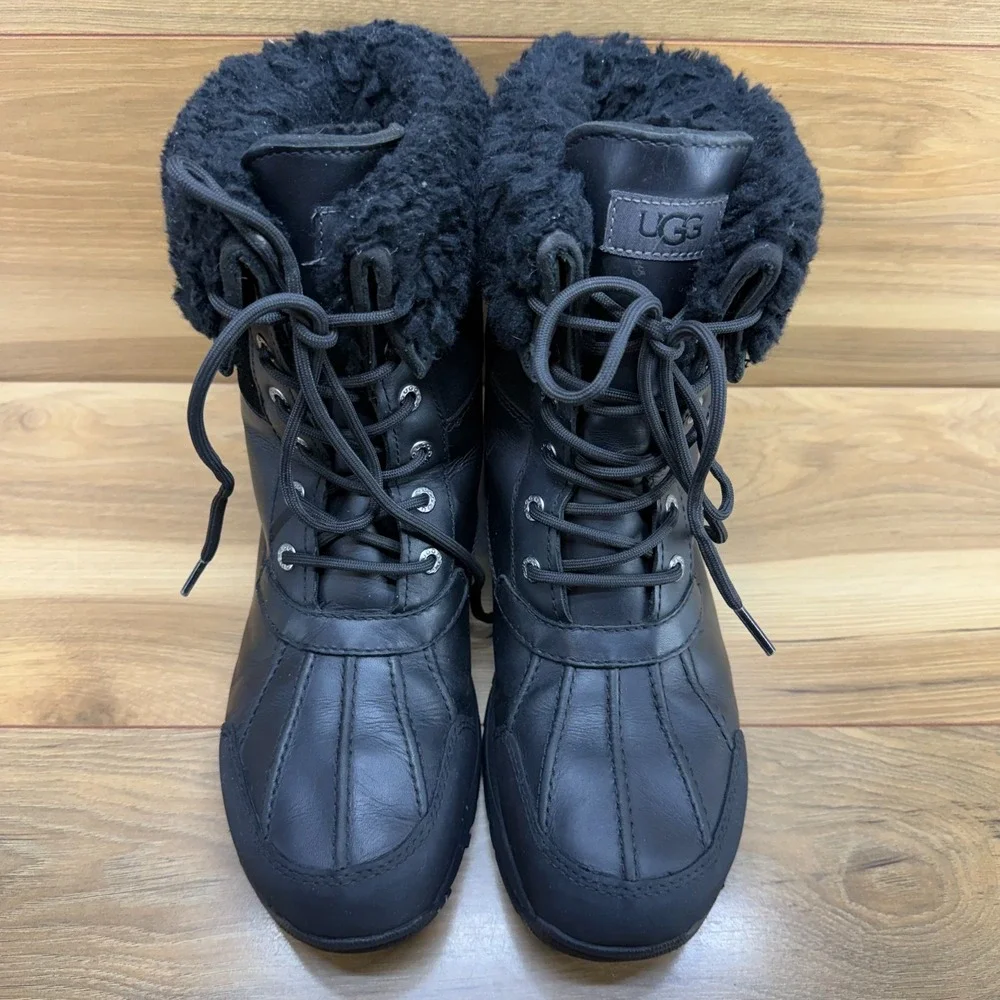 UGG Butte Mens Duck Snow Boot 9 Black Leather Waterproof Sherpa Shearling Vibram
